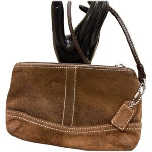 Coach Brown Suede Wristlet with Contrast Stitching